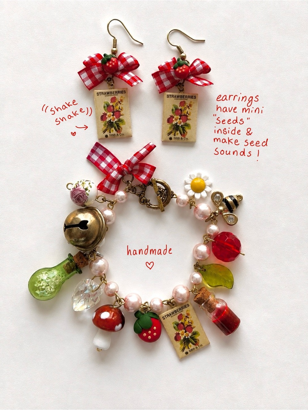 Handmade Strawberry farm fall Charm Bracelet Earring Set red country girl nature